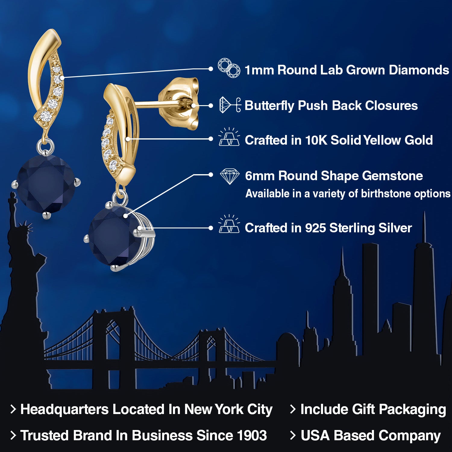 Earrings in 925 Sterling Silver and 10K Yellow Gold