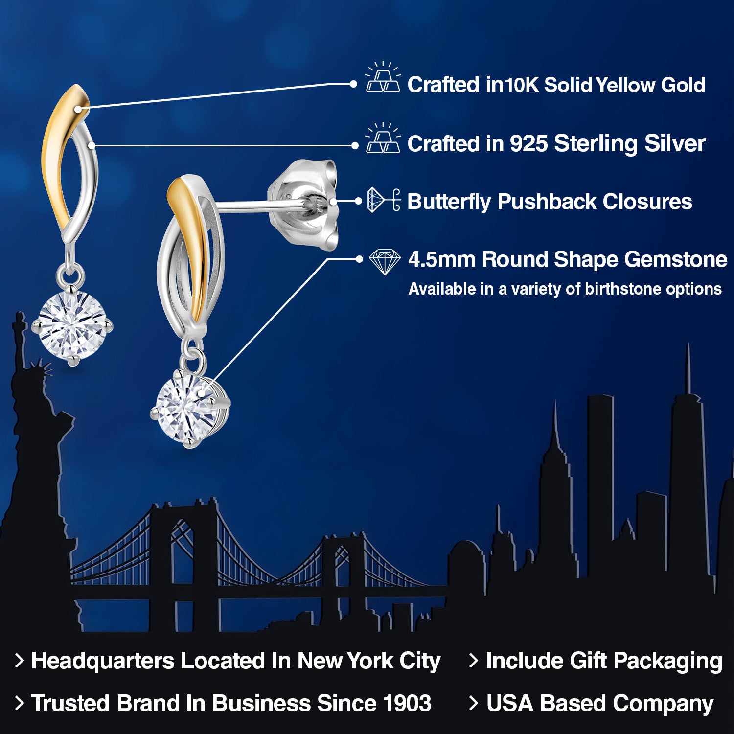 Earrings in 925 Sterling Silver and 10K Yellow Gold