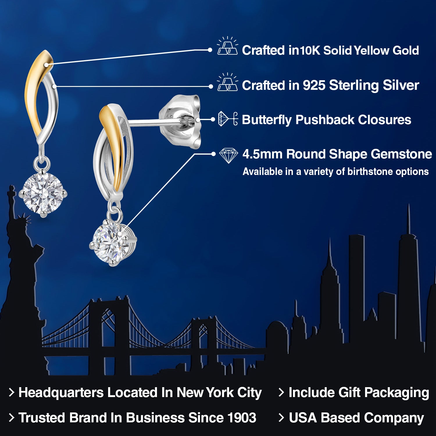 Earrings in 925 Sterling Silver and 10K Yellow Gold