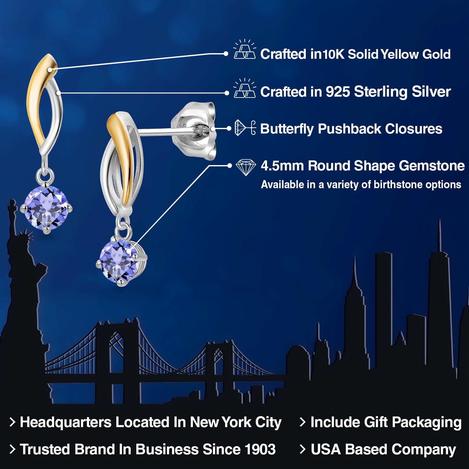 Earrings in 925 Sterling Silver and 10K Yellow Gold