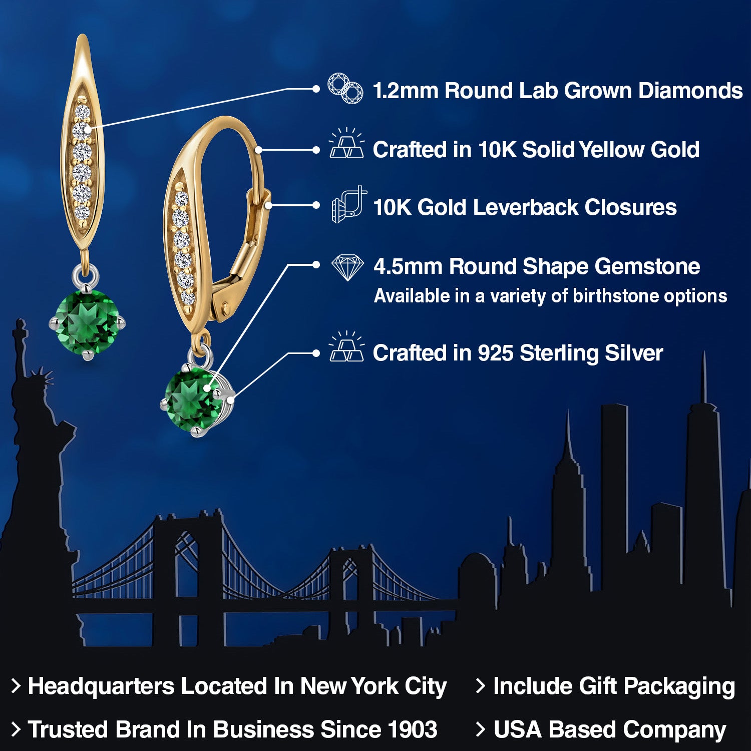 Earrings in 925 Sterling Silver and 10K Yellow Gold