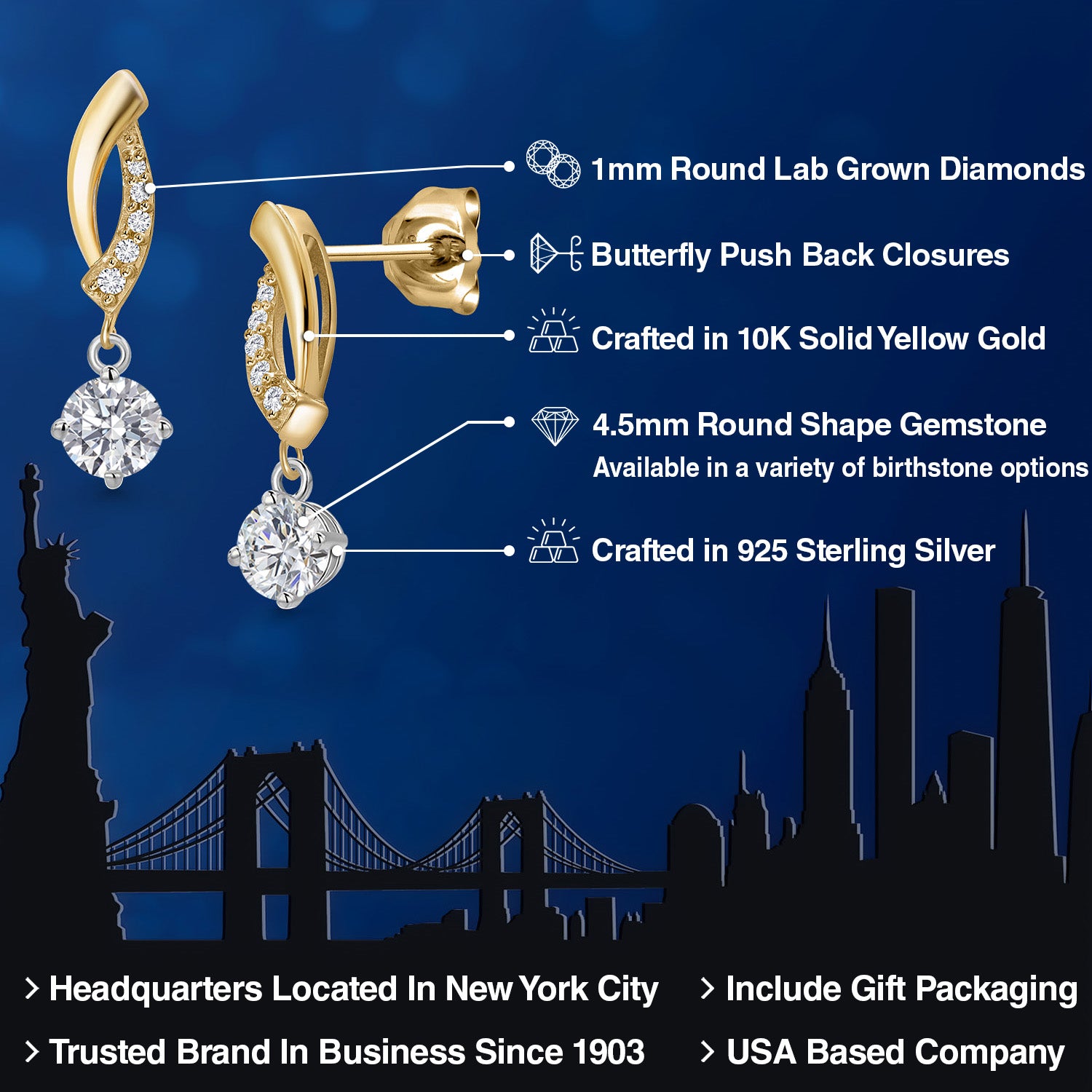 Earrings in 925 Sterling Silver and 10K Yellow Gold