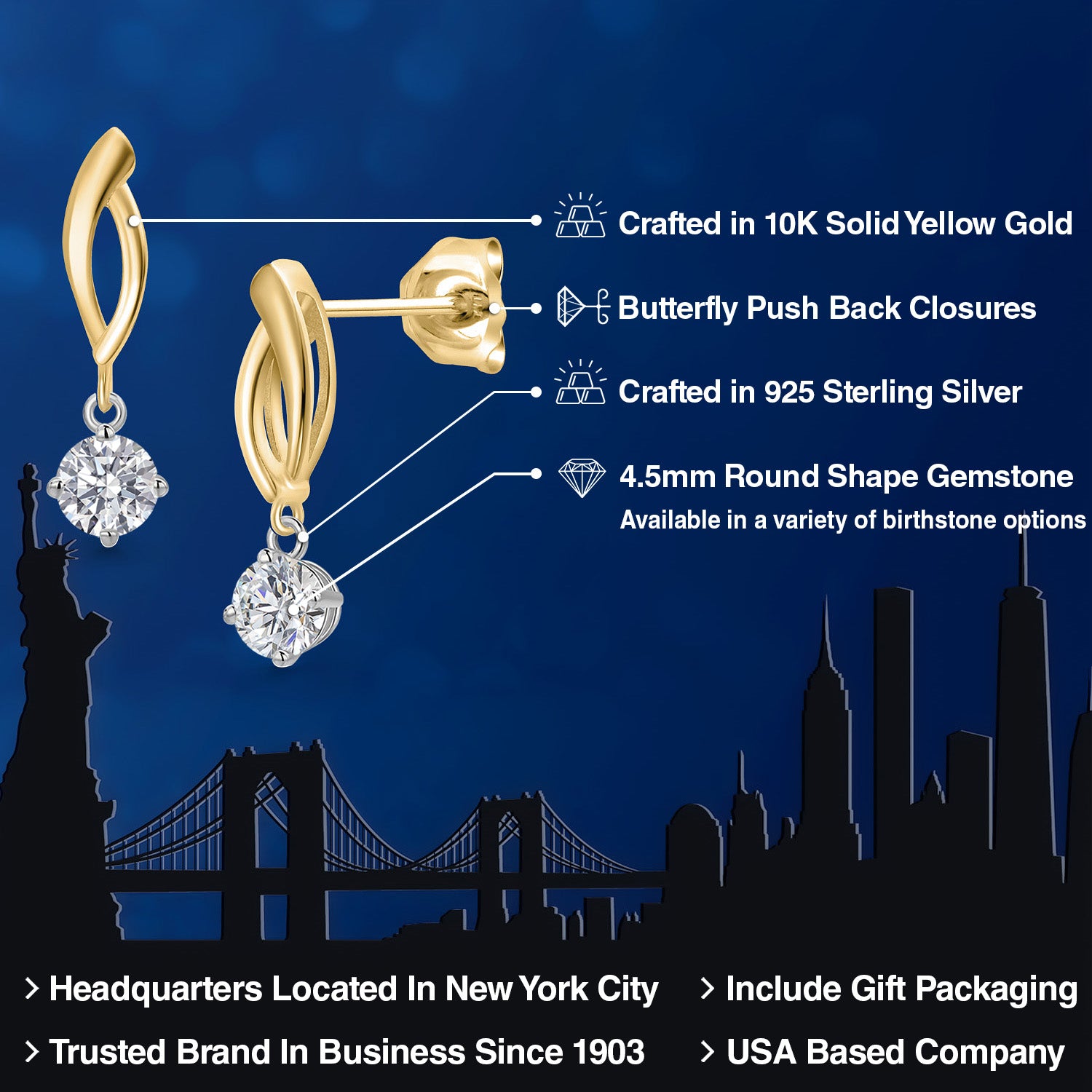 Earrings in 925 Sterling Silver and 10K Yellow Gold