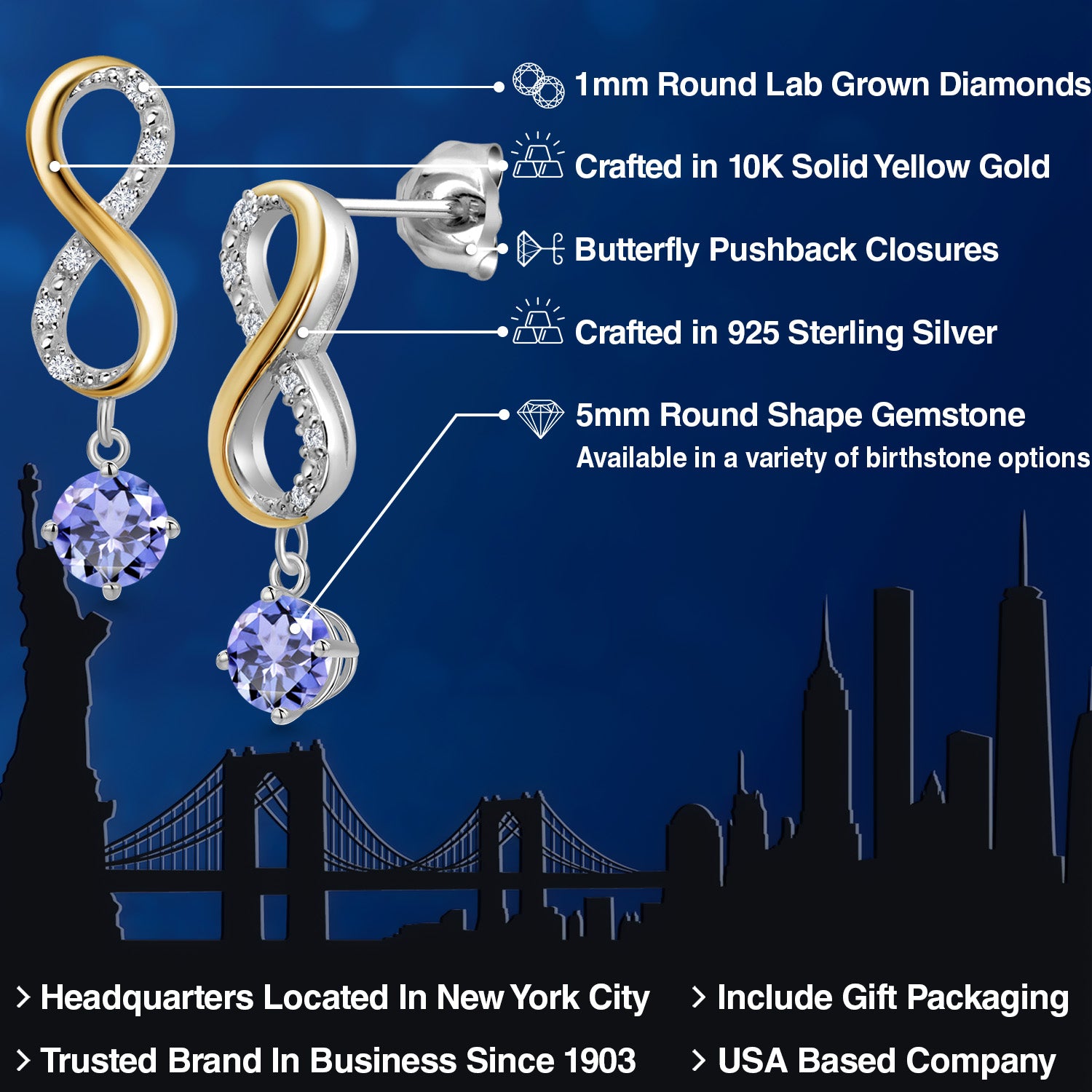 Earrings in 925 Sterling Silver and 10K Yellow Gold