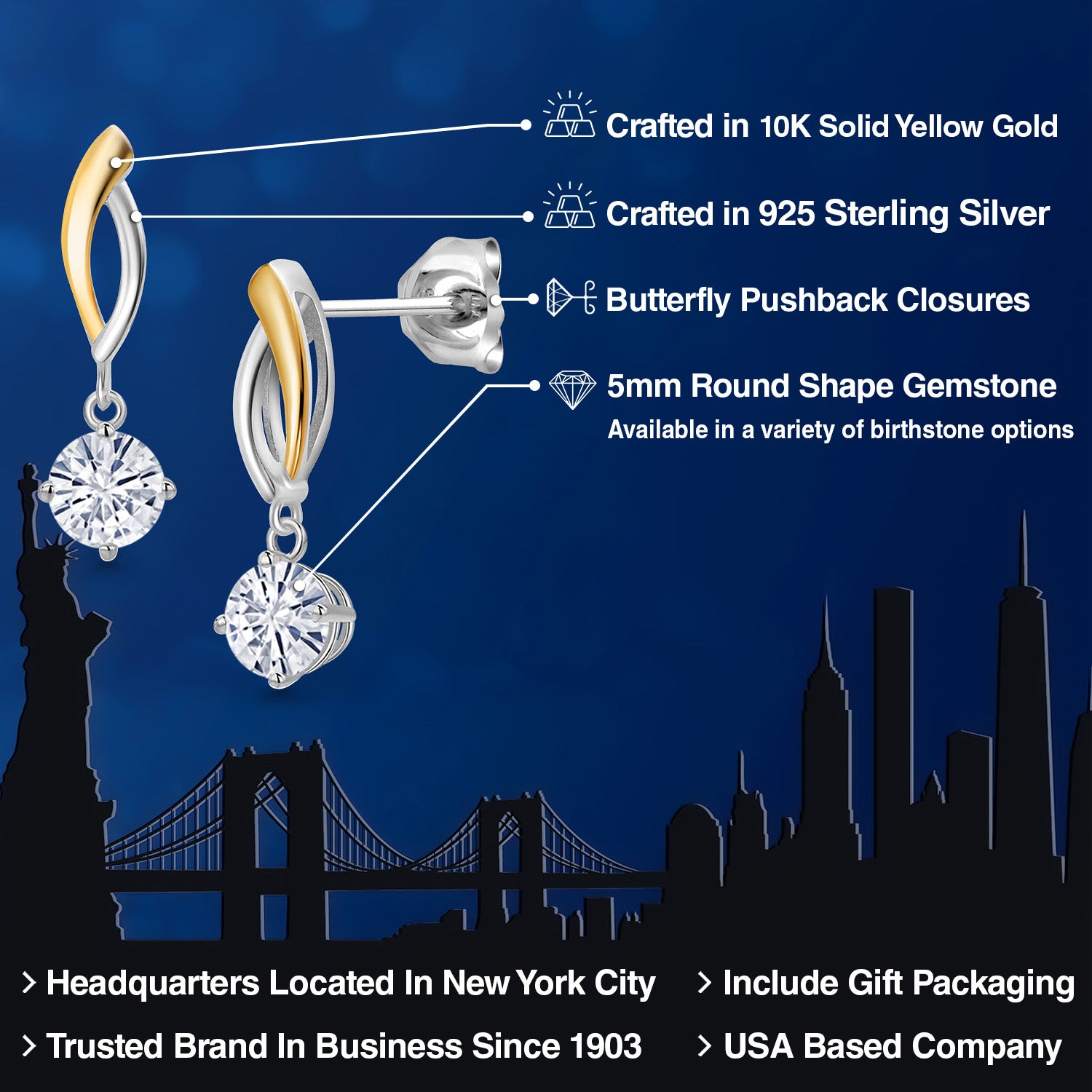 Earrings in 925 Sterling Silver and 10K Yellow Gold