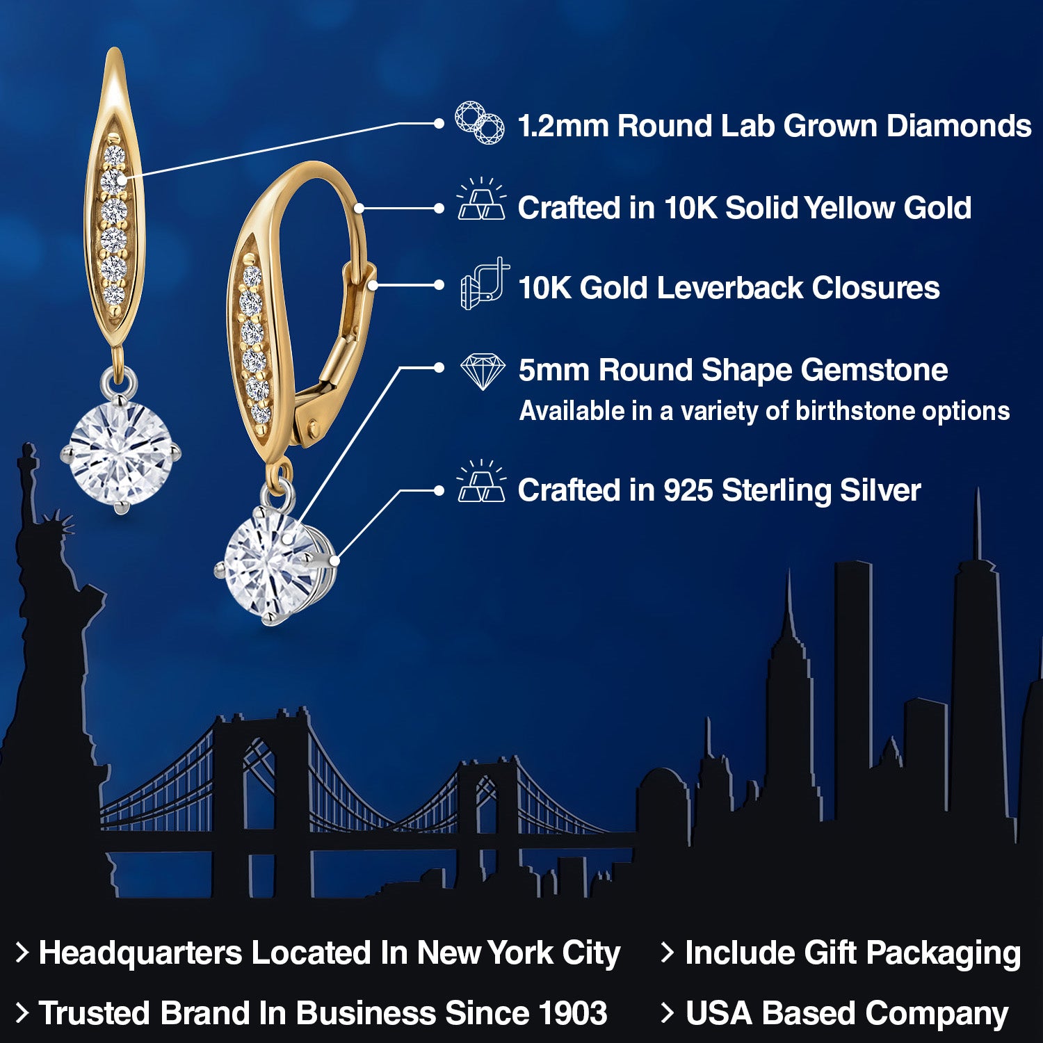 Earrings in 925 Sterling Silver and 10K Yellow Gold