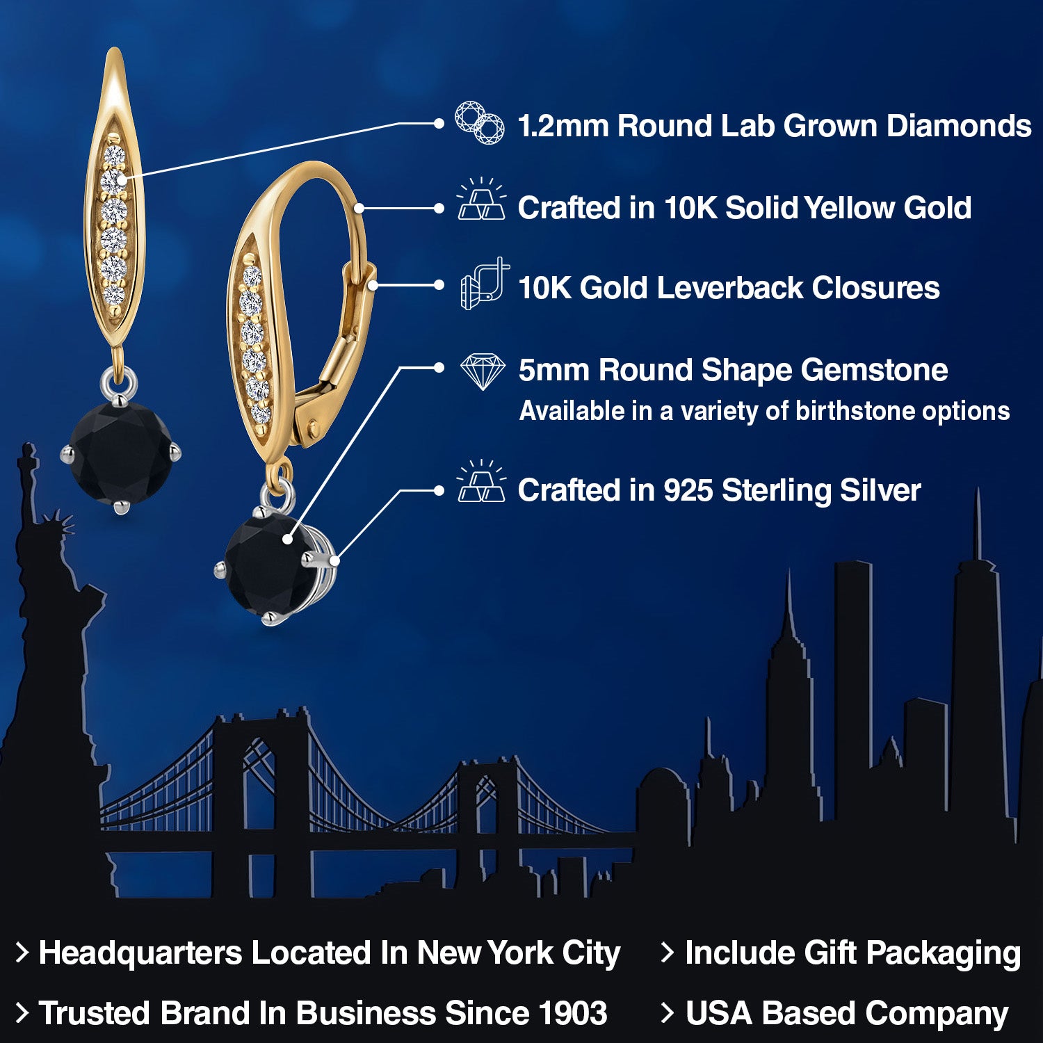 Earrings in 925 Sterling Silver and 10K Yellow Gold