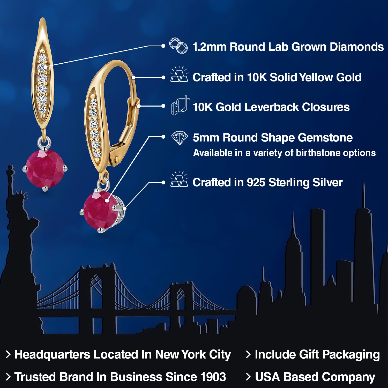 Earrings in 925 Sterling Silver and 10K Yellow Gold