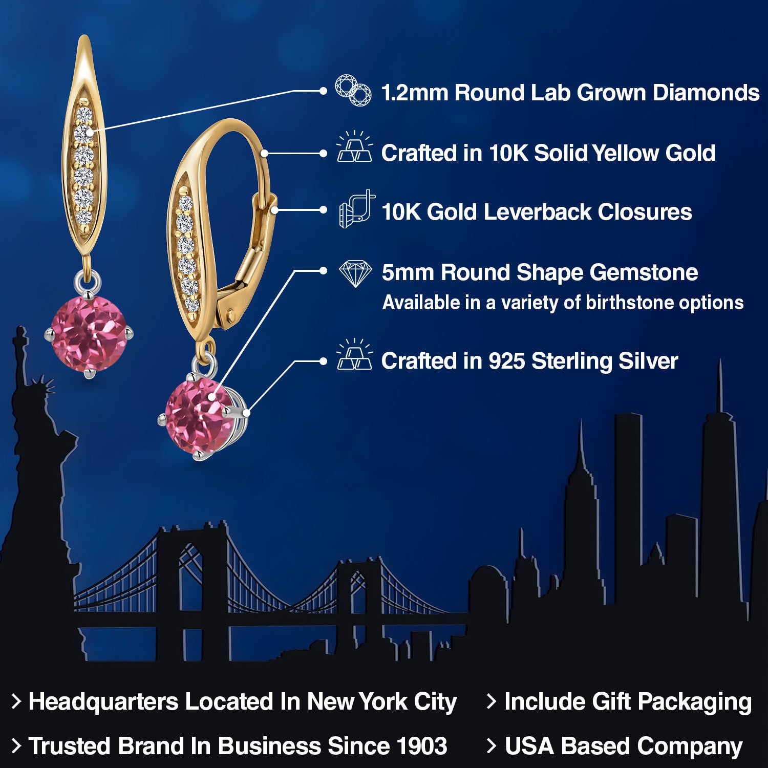Earrings in 925 Sterling Silver and 10K Yellow Gold
