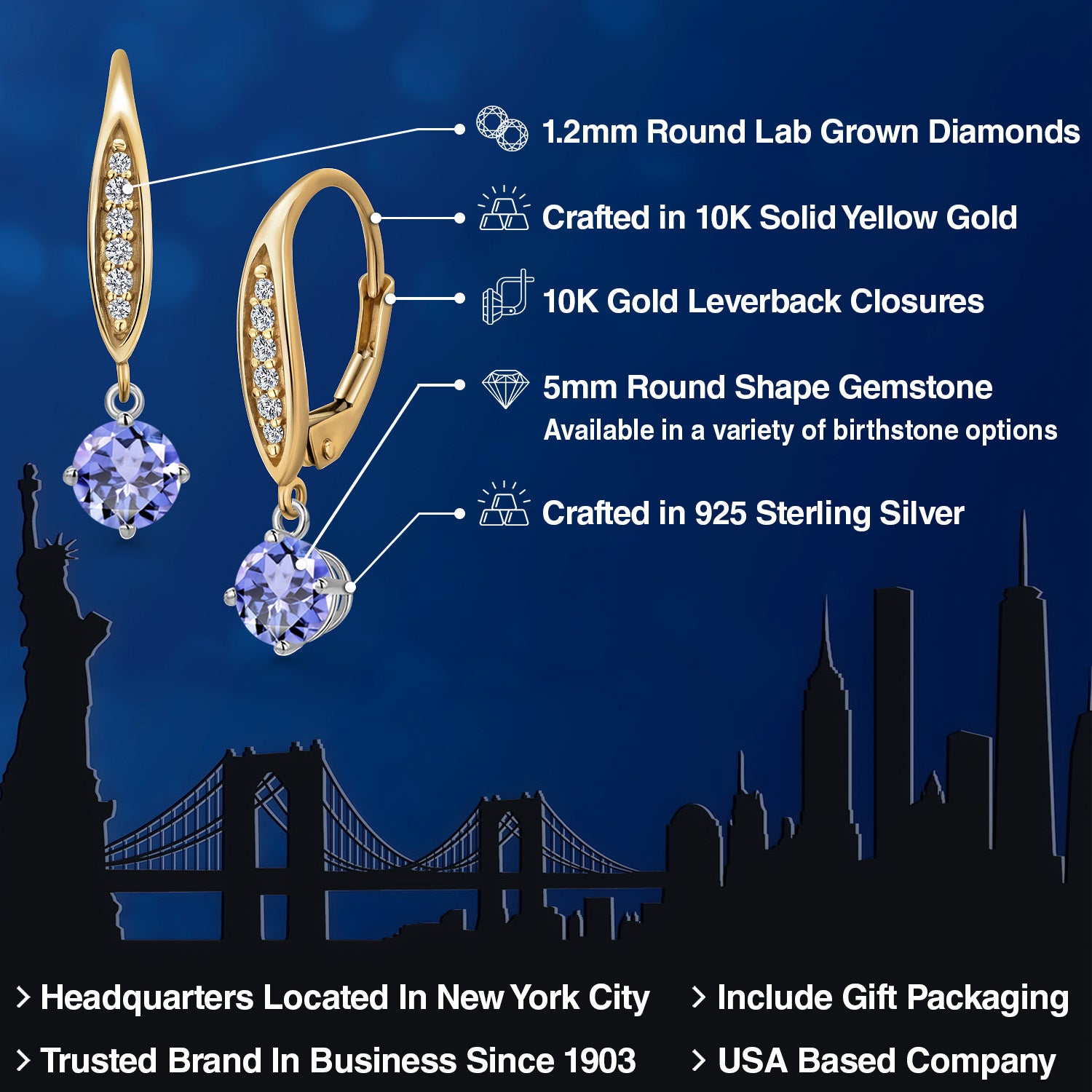 Earrings in 925 Sterling Silver and 10K Yellow Gold