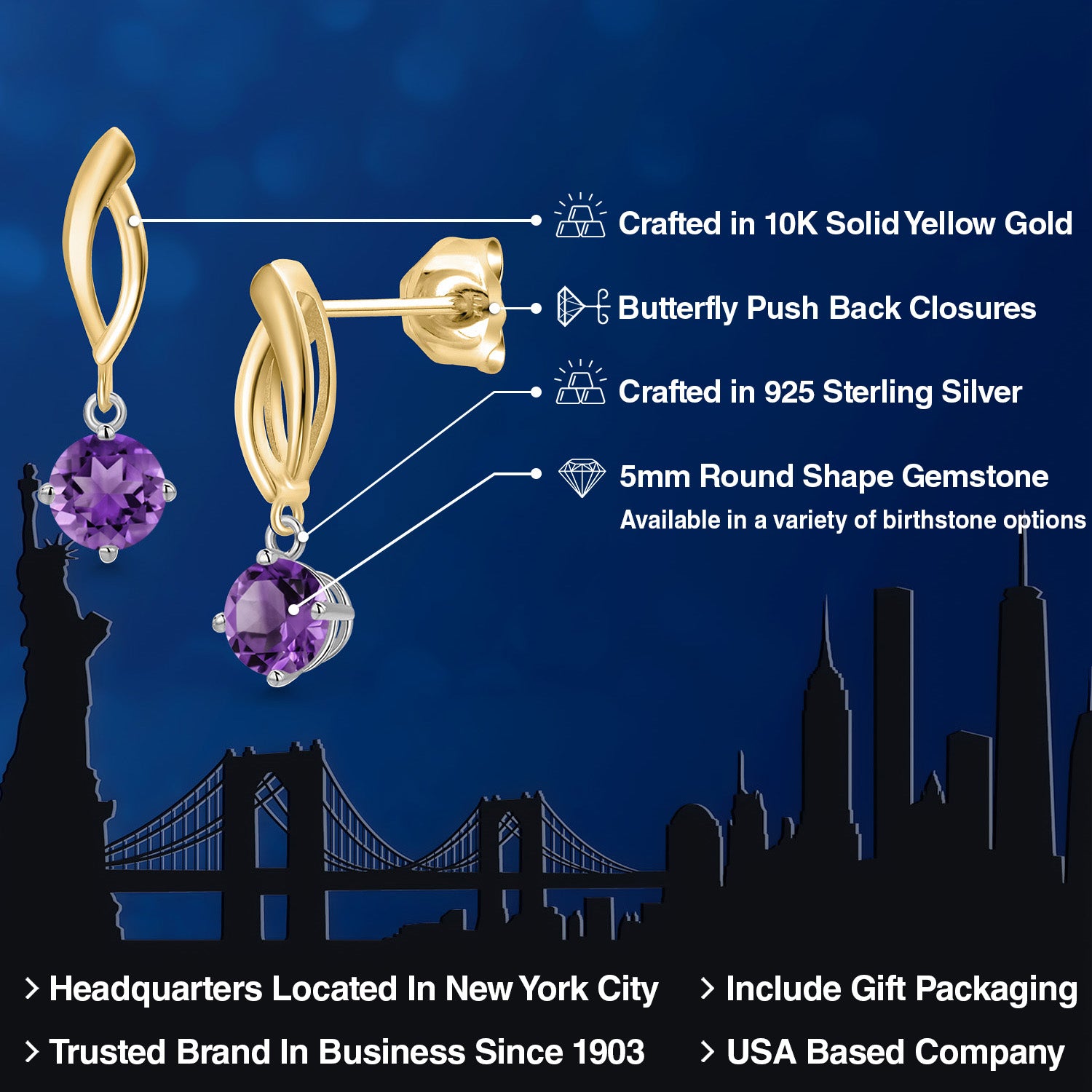 Earrings in 925 Sterling Silver and 10K Yellow Gold