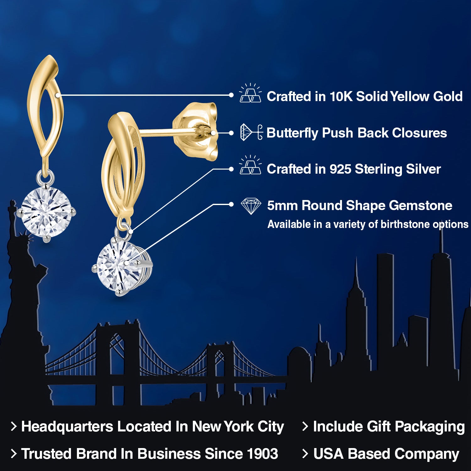 Earrings in 925 Sterling Silver and 10K Yellow Gold
