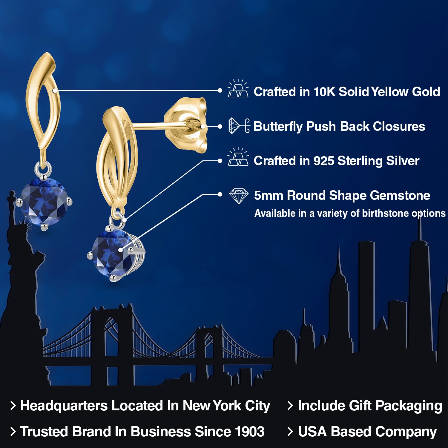 Earrings in 925 Sterling Silver and 10K Yellow Gold
