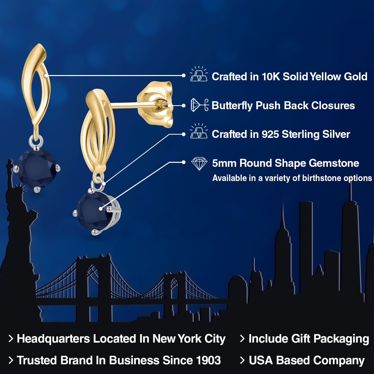 Earrings in 925 Sterling Silver and 10K Yellow Gold