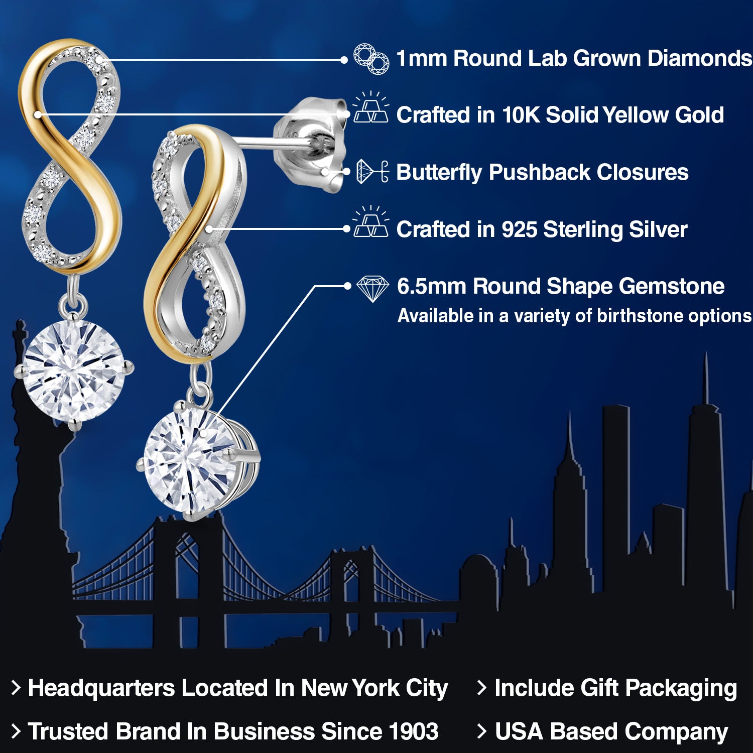 Earrings in 925 Sterling Silver and 10K Yellow Gold