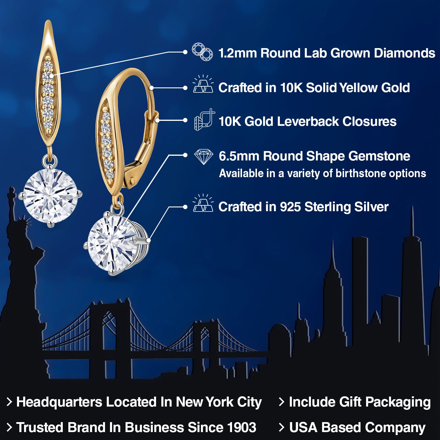 Earrings in 925 Sterling Silver and 10K Yellow Gold