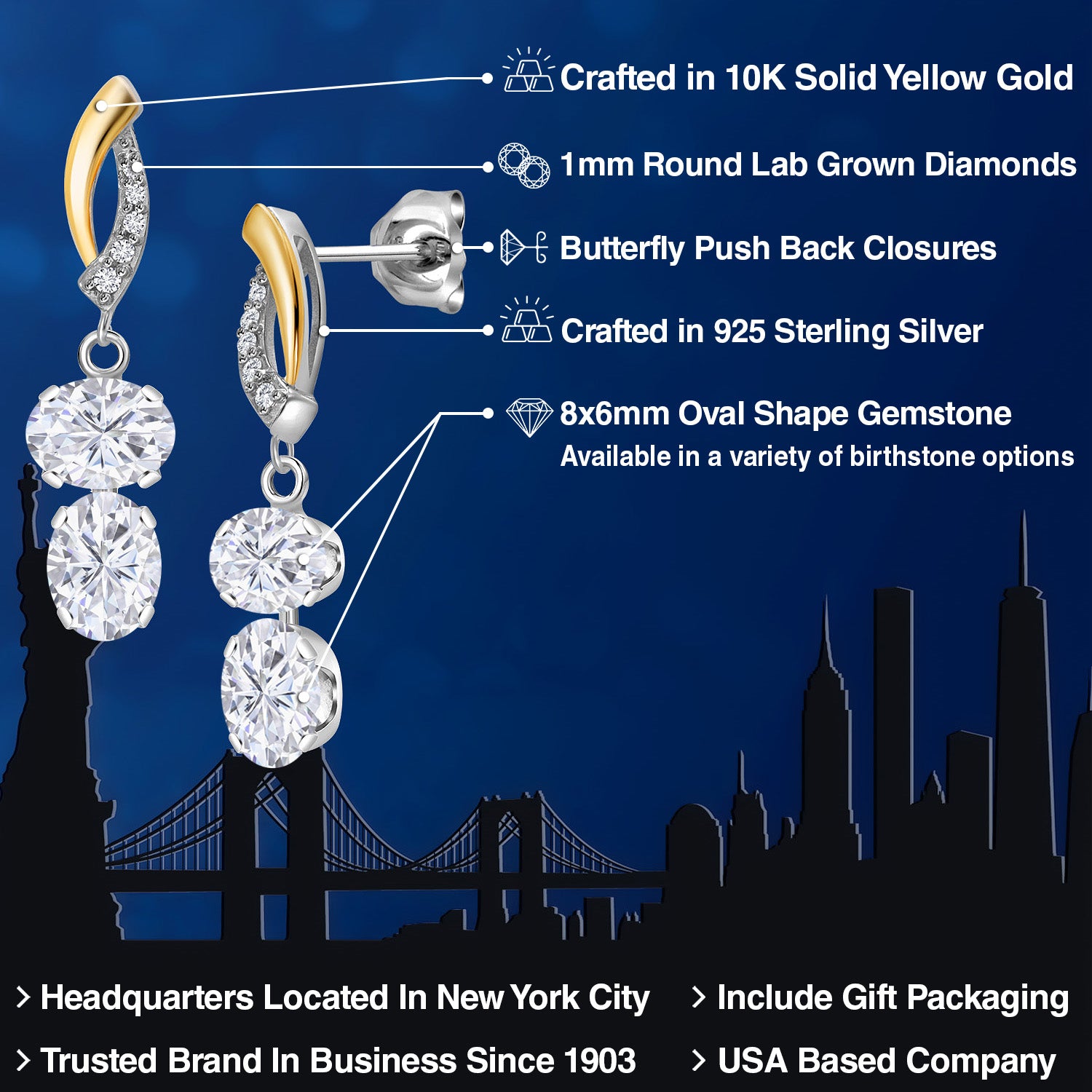 Earrings in 925 Sterling Silver and 10K Yellow Gold
