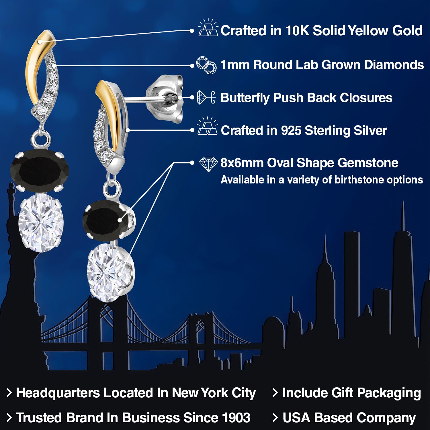 Earrings in 925 Sterling Silver and 10K Yellow Gold