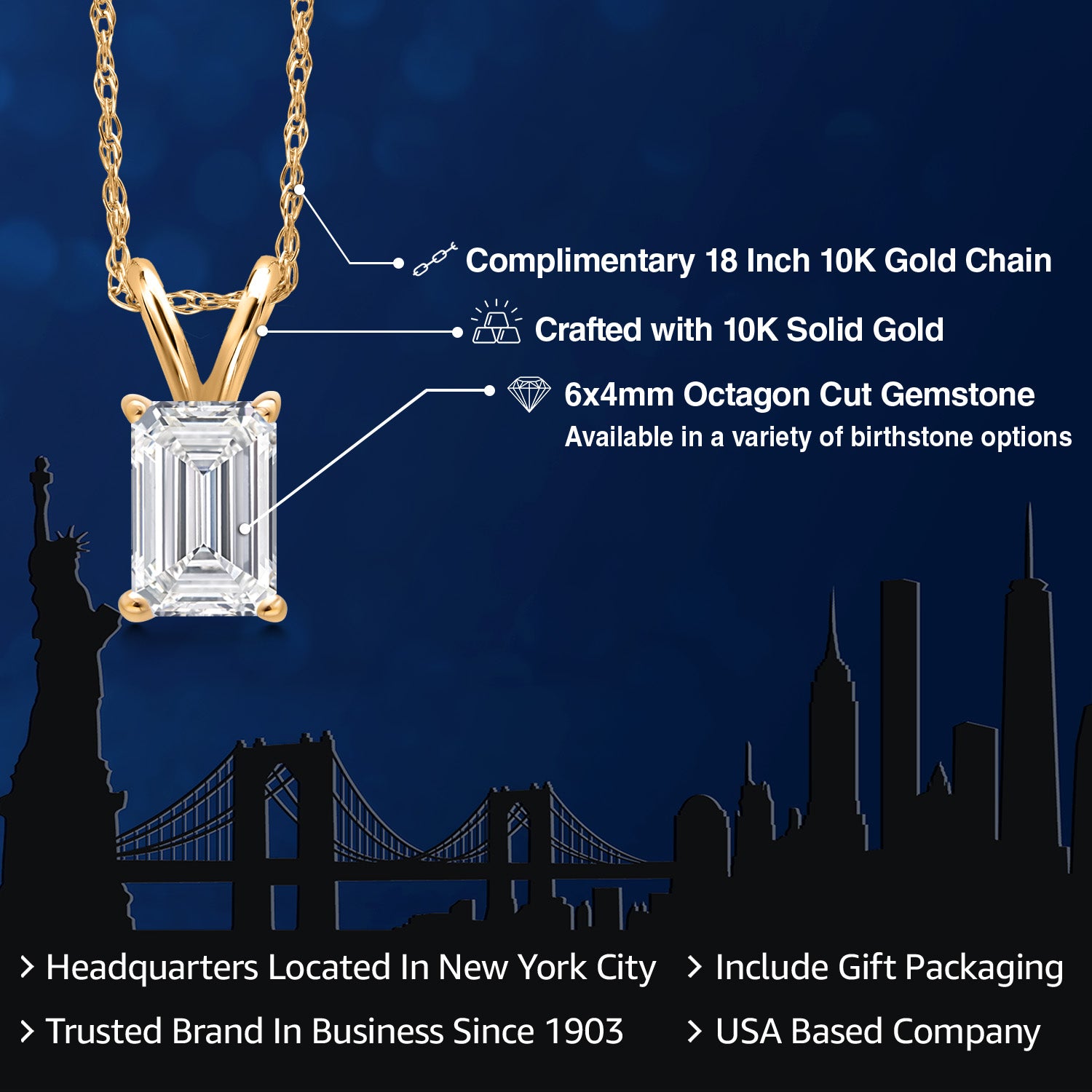 10K Yellow Gold Lab Grown Diamond Pendant Necklace for Women | 0.65 Cttw | Gemstone April Birthstone | Emerald Cut 6X4MM | With 18 Inch Chain