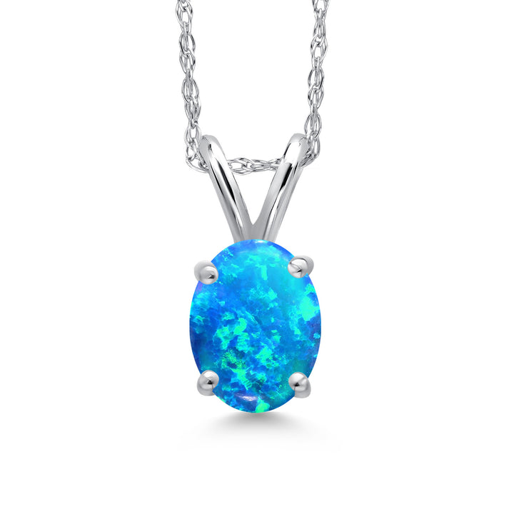 Blue Simulated Opal - October_Pendant in 10K White Gold