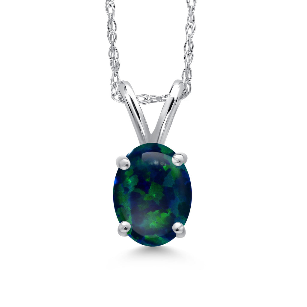 Green Simulated Opal-Cabochon - October_Pendant in 10K White Gold