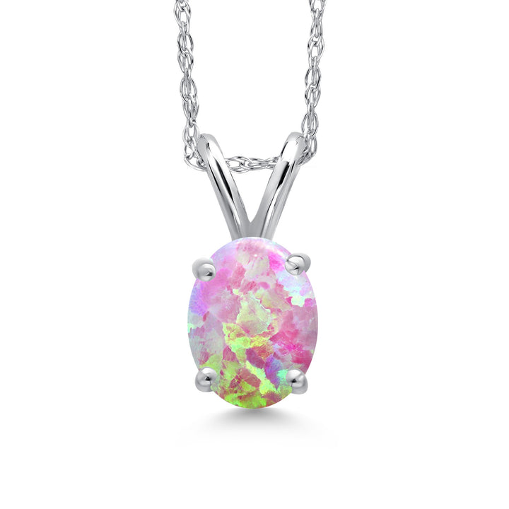 Pink Simulated Opal-Cabochon - October_Pendant in 10K White Gold