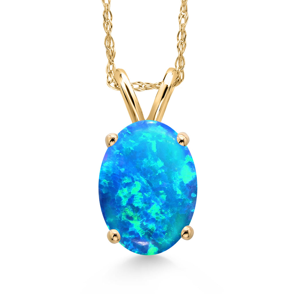 Blue Simulated Opal - October_Pendant in 14K Yellow Gold