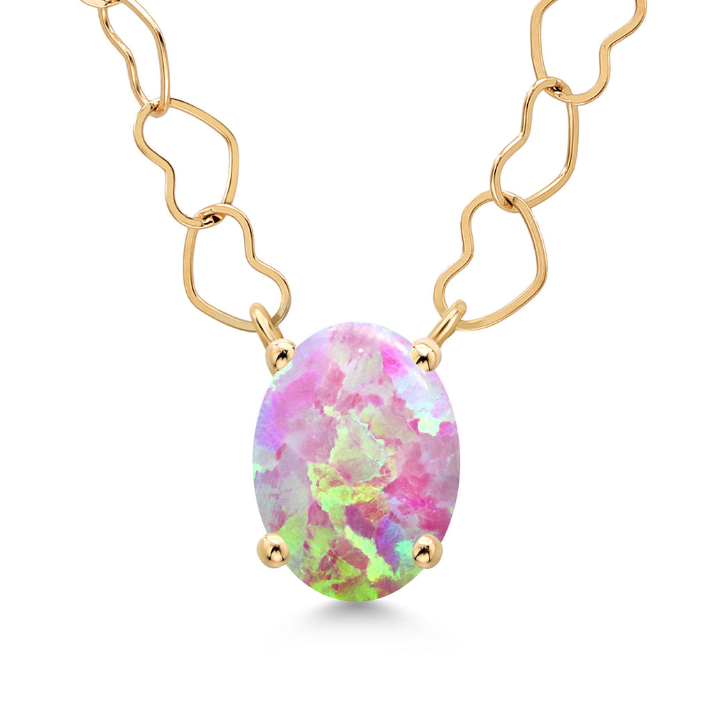 Pink Simulated Opal-Cabochon - October_Necklace in 14K Yellow Gold