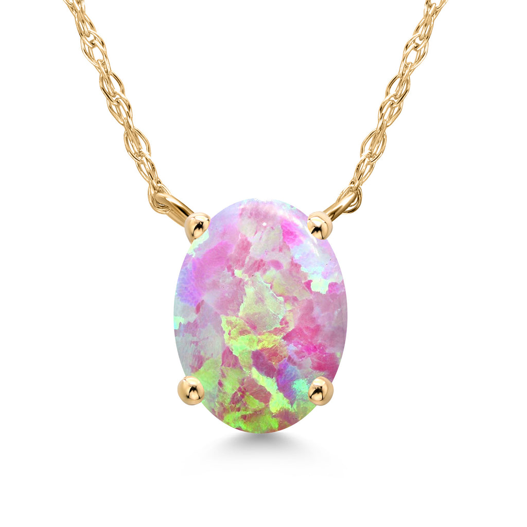 Pink Simulated Opal-Cabochon - October_Necklace in 14K Yellow Gold