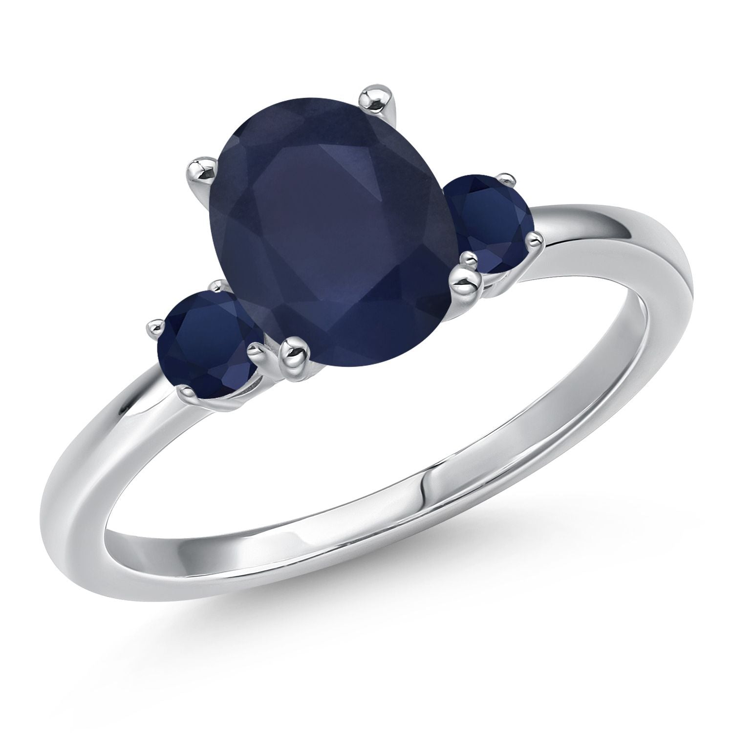 2.50 Cttw 14K White Gold Blue Sapphire 3-Stone Engagement Ring For Women | Oval 9X7MM and Round 3MM | Gemstone September Birthstone | Available in Size 5,6,7,8,9