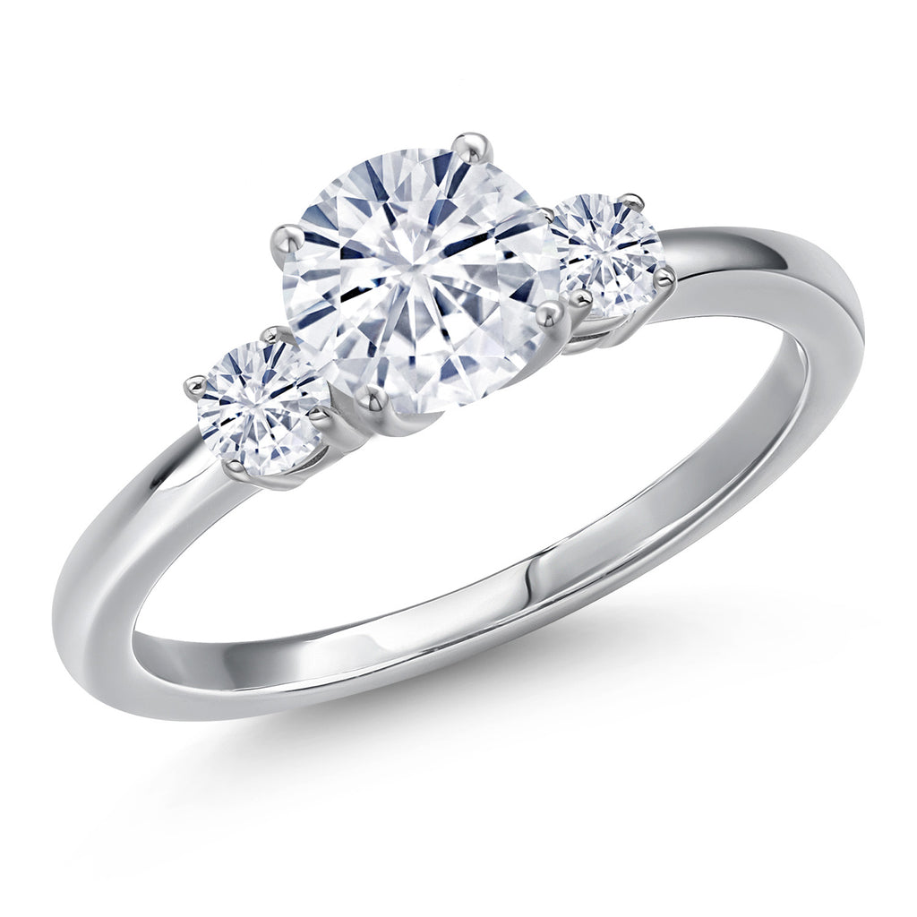 Gem Stone King 14K White Gold 6.5MM Gemstone Birthstone and 3MM White Moissanite 3-Stone Engagement Ring | Three-Stone Wedding Anniversary Promise Ring For Women | Available In Size 5, 6, 7, 8, 9