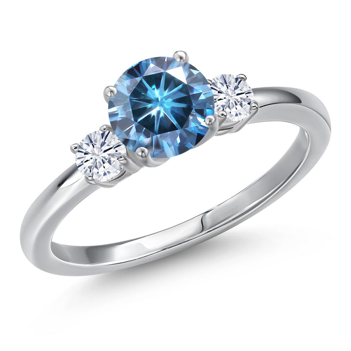 Gem Stone King 14K White Gold 6.5MM Gemstone Birthstone and 3MM White Moissanite 3-Stone Engagement Ring | Three-Stone Wedding Anniversary Promise Ring For Women | Available In Size 5, 6, 7, 8, 9