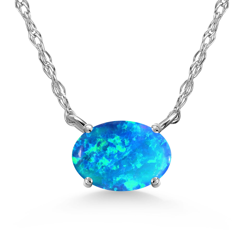 Blue Simulated Opal - October_Necklace in 10K White Gold