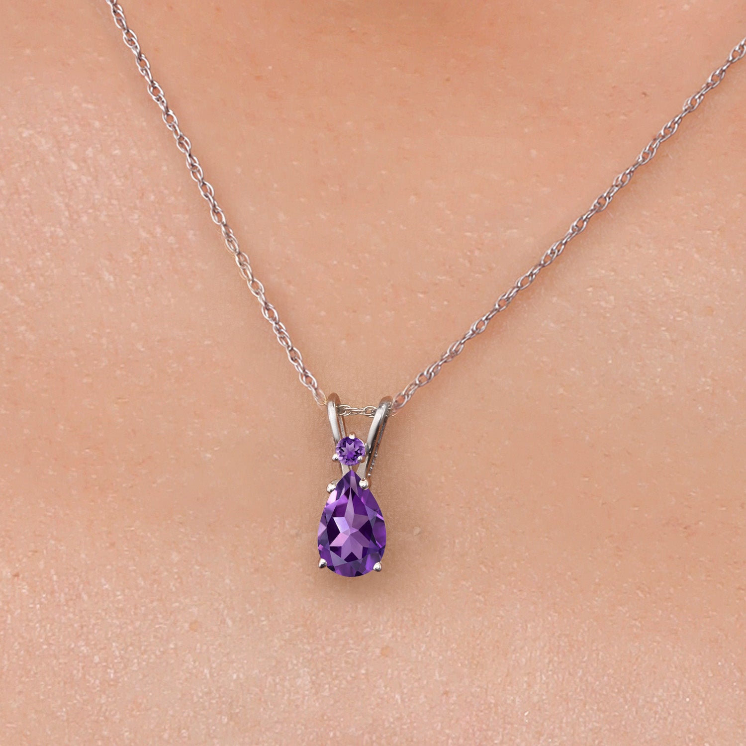 14K White Gold Purple Amethyst Pendant Necklace for Women | 0.66 Cttw | Gemstone February Birthstone | Pear Shape 7X5MM | With 18 Inch Chain