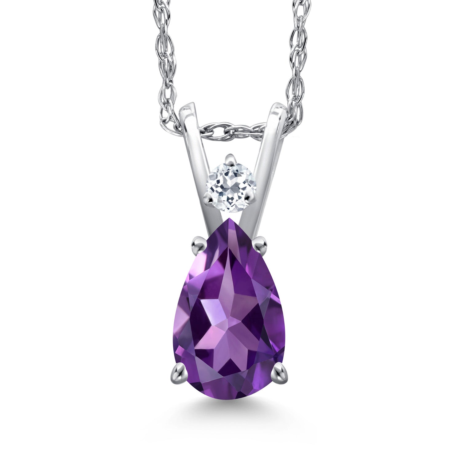 14K White Gold Purple Amethyst and White Topaz Pendant Necklace for Women | 0.68 Cttw | Gemstone February Birthstone | Pear Shape 7X5MM | With 18 Inch Chain