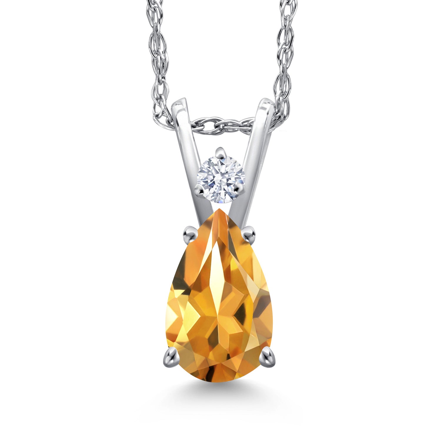 14K White Gold Yellow Citrine and White Zirconia Pendant Necklace for Women | 0.87 Cttw | Gemstone November Birthstone | Pear Shape 7X5MM | With 18 Inch Chain