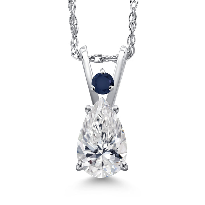 14K White Gold DEF Lab Grown Diamond and Blue Sapphire Pendant Necklace for Women | 0.56 Cttw | Gemstone April Birthstone | Pear Shape 7X5MM | With 18 Inch Chain