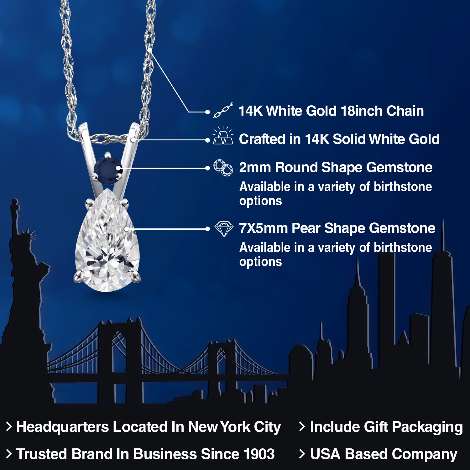 14K White Gold DEF Lab Grown Diamond and Blue Sapphire Pendant Necklace for Women | 0.56 Cttw | Gemstone April Birthstone | Pear Shape 7X5MM | With 18 Inch Chain