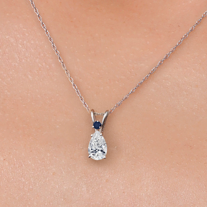 14K White Gold DEF Lab Grown Diamond and Blue Sapphire Pendant Necklace for Women | 0.56 Cttw | Gemstone April Birthstone | Pear Shape 7X5MM | With 18 Inch Chain