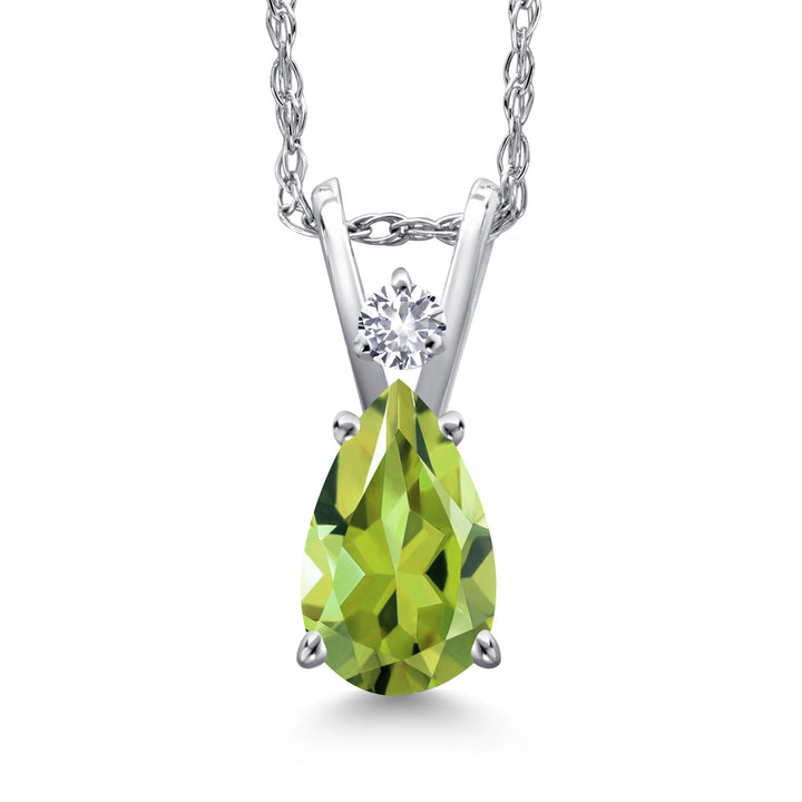 14K White Gold Green Peridot and White Created Sapphire Pendant Necklace for Women | 0.72 Cttw | Gemstone August Birthstone | Pear Shape 7X5MM | With 18 Inch Chain