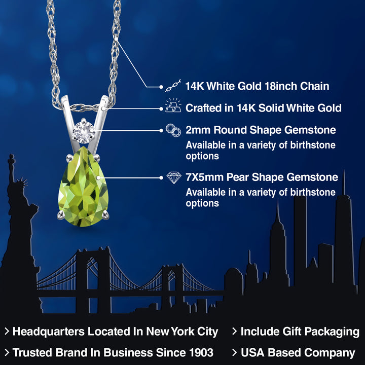 14K White Gold Green Peridot and White Created Sapphire Pendant Necklace for Women | 0.72 Cttw | Gemstone August Birthstone | Pear Shape 7X5MM | With 18 Inch Chain