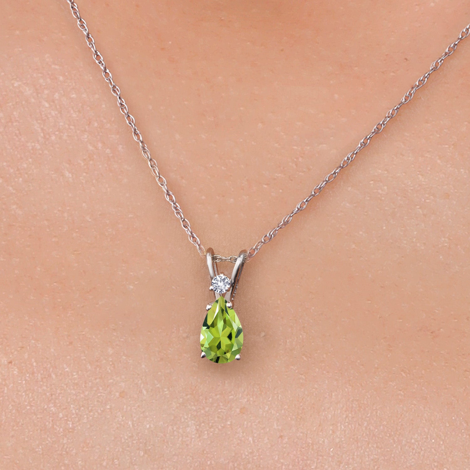 14K White Gold Green Peridot and White Created Sapphire Pendant Necklace for Women | 0.72 Cttw | Gemstone August Birthstone | Pear Shape 7X5MM | With 18 Inch Chain