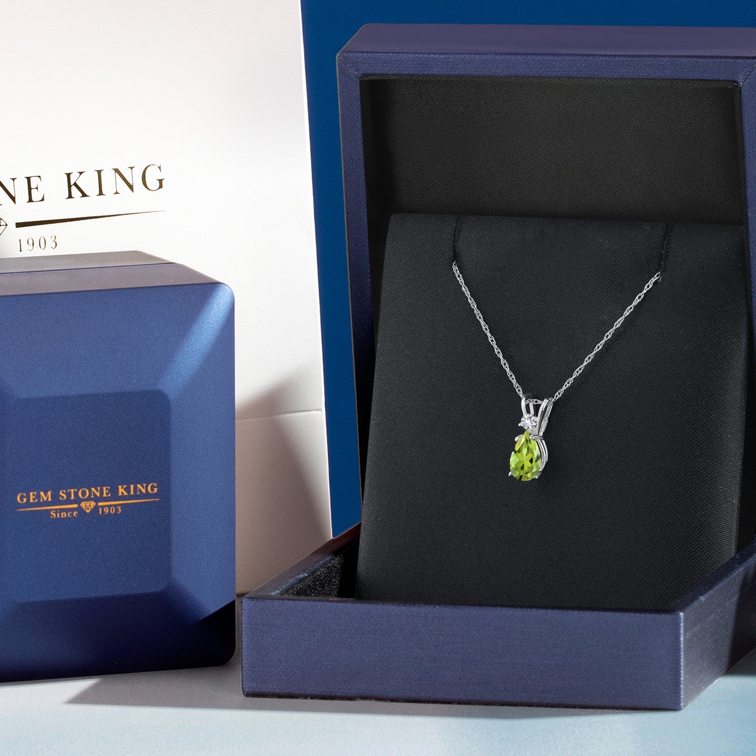 14K White Gold Green Peridot and White Created Sapphire Pendant Necklace for Women | 0.72 Cttw | Gemstone August Birthstone | Pear Shape 7X5MM | With 18 Inch Chain