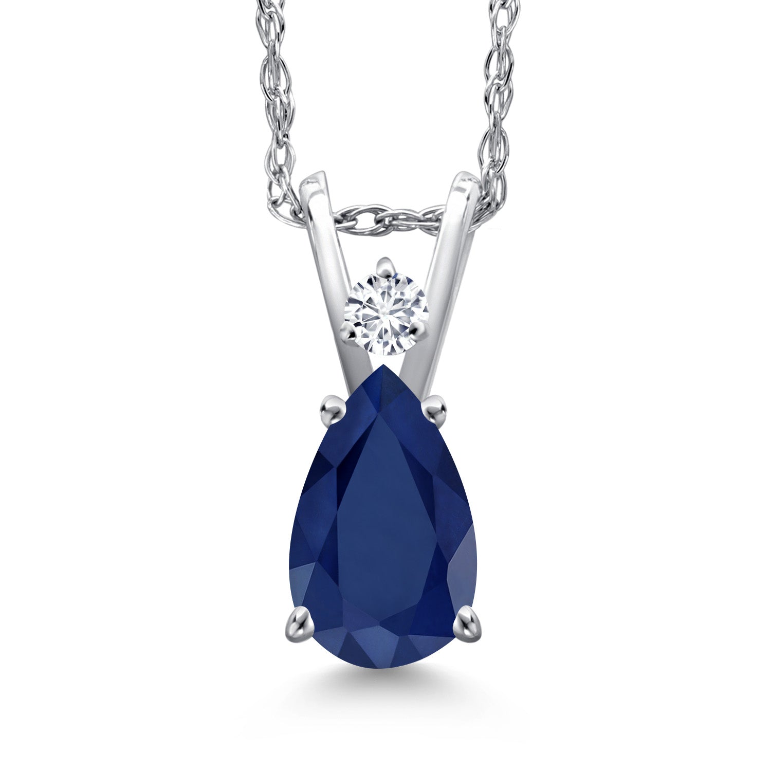 14K White Gold Blue Sapphire and White Diamond Pendant Necklace for Women | 0.92 Cttw | Gemstone September Birthstone | Pear Shape 7X5MM | With 18 Inch Chain