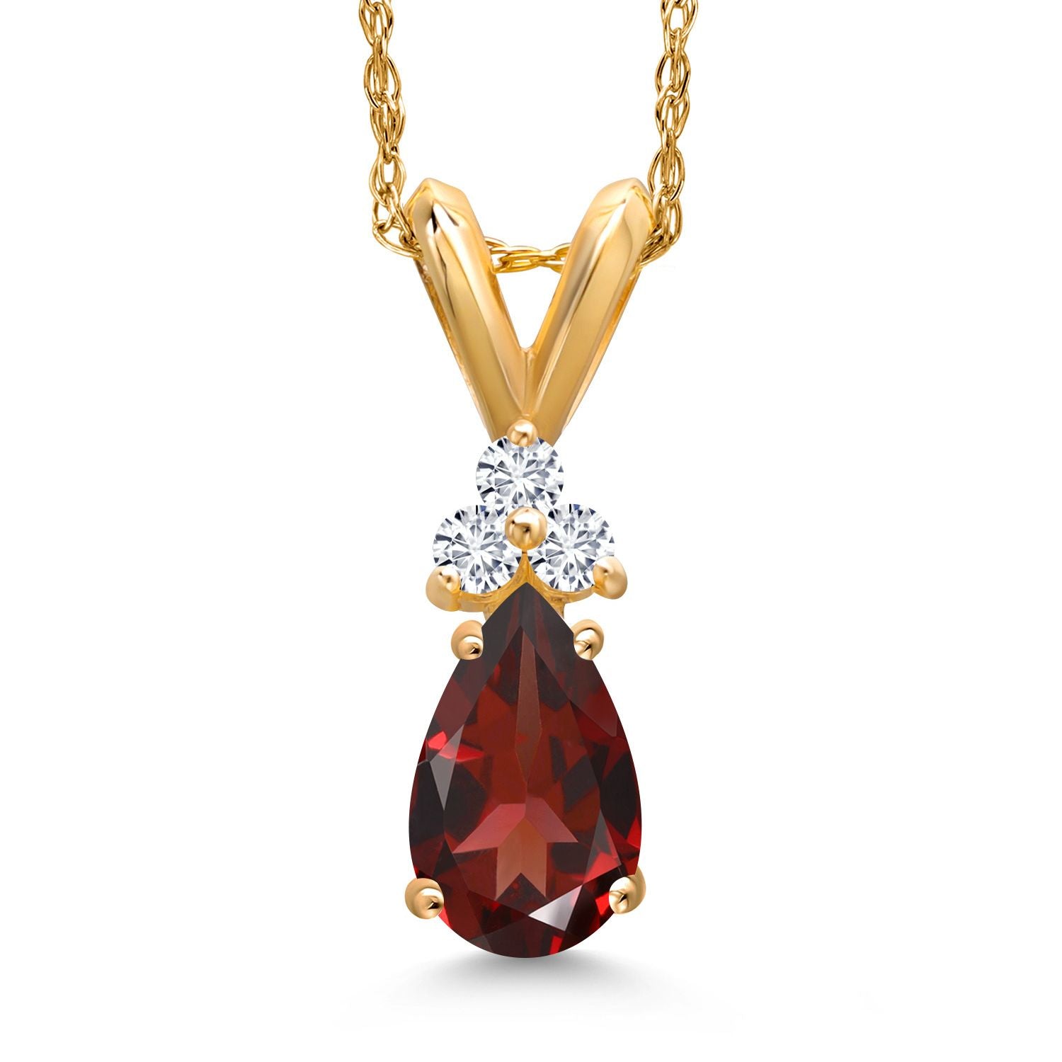 14K Yellow Gold 7X5MM Pear Shape Red Garnet and 3 Round Lab Grown Diamond Pendant Necklace | 0.85 Cttw | Gemstone Birthstone | Gold Necklace for Women | With 18 Inch Chain