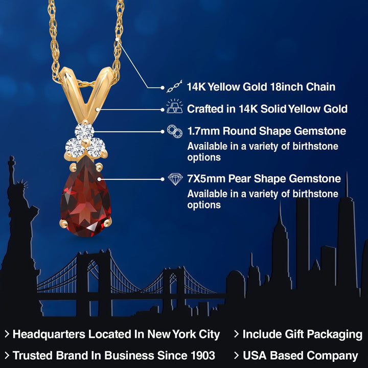 14K Yellow Gold 7X5MM Pear Shape Red Garnet and 3 Round Lab Grown Diamond Pendant Necklace | 0.85 Cttw | Gemstone Birthstone | Gold Necklace for Women | With 18 Inch Chain