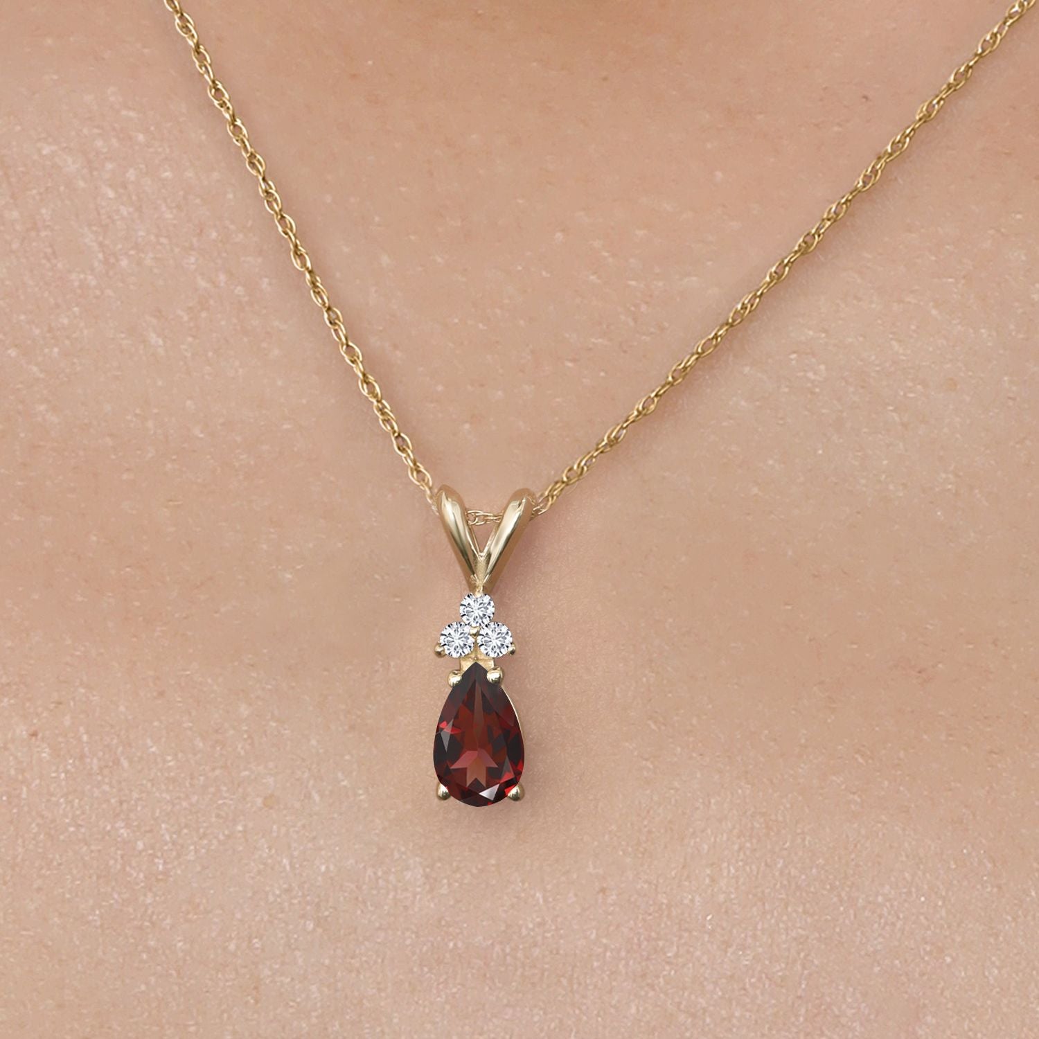 14K Yellow Gold 7X5MM Pear Shape Red Garnet and 3 Round Lab Grown Diamond Pendant Necklace | 0.85 Cttw | Gemstone Birthstone | Gold Necklace for Women | With 18 Inch Chain