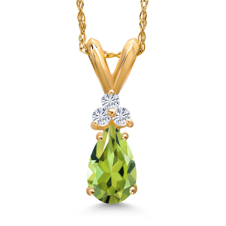 14K Yellow Gold Green Peridot and White Moissanite Pendant Necklace for Women | 0.74 Cttw | Gemstone August Birthstone | Pear Shape 7X5MM | With 18 Inch Chain