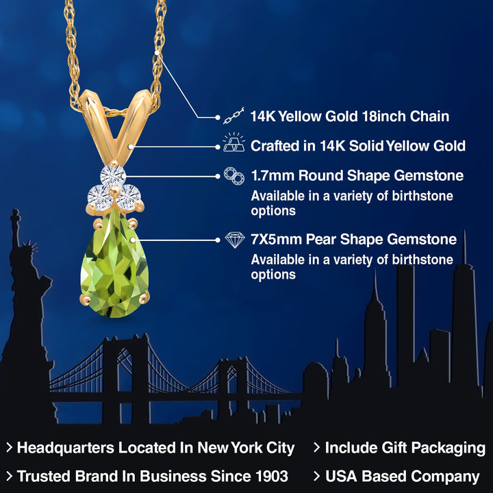 14K Yellow Gold Green Peridot and White Moissanite Pendant Necklace for Women | 0.74 Cttw | Gemstone August Birthstone | Pear Shape 7X5MM | With 18 Inch Chain