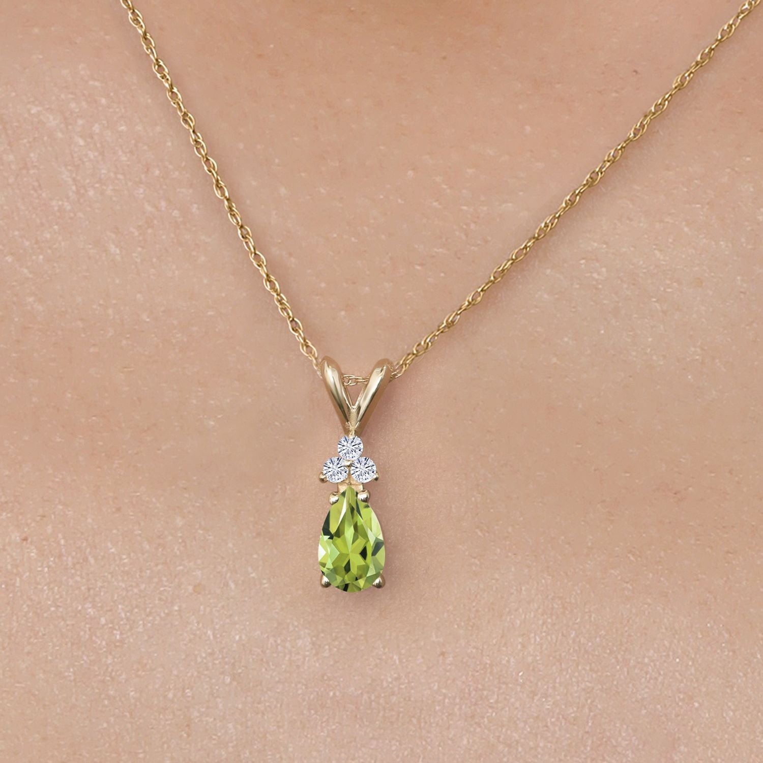 14K Yellow Gold Green Peridot and White Moissanite Pendant Necklace for Women | 0.74 Cttw | Gemstone August Birthstone | Pear Shape 7X5MM | With 18 Inch Chain